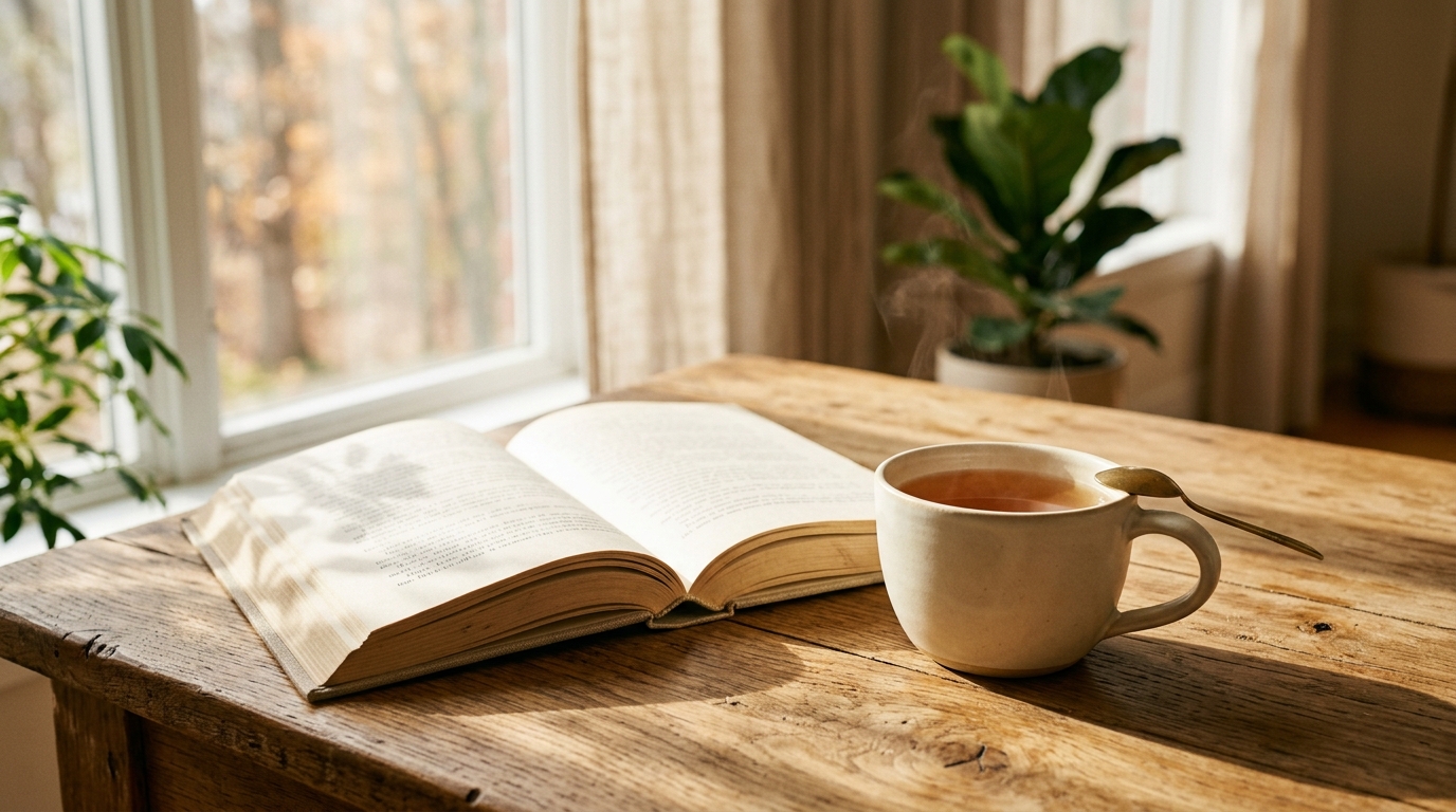 a warm editorial still life of an open book beside soft daylight, a cup of tea, and gentle shadows on a wooden table