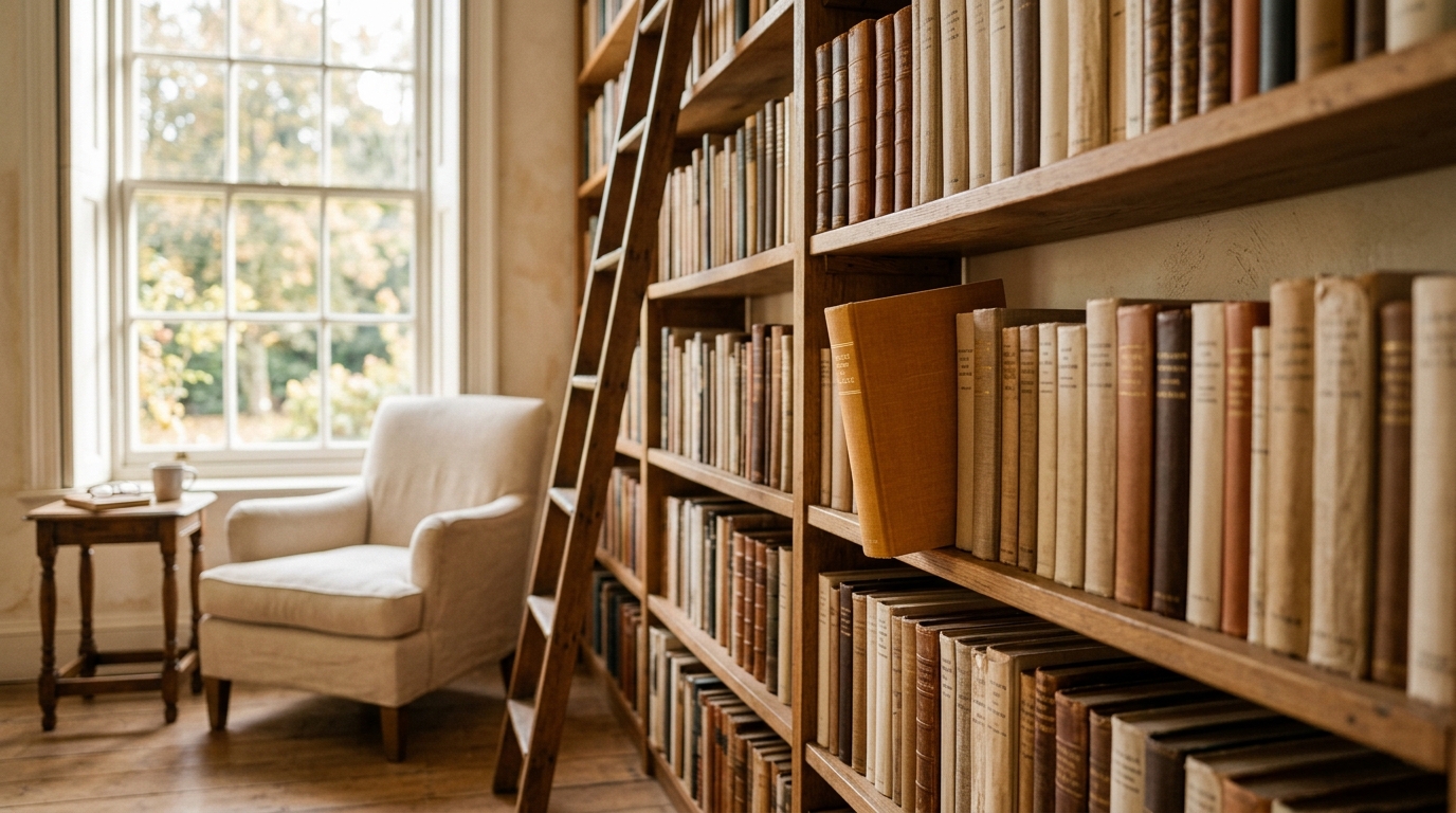 an atmospheric bookshelf scene with a single highlighted book, soft window light, and delicate paper textures in a serene reading corner