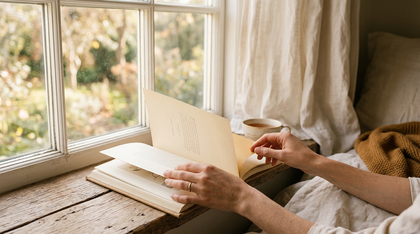 a graceful close-up of hands turning a page near a sunlit window, with soft linen and natural tones creating a peaceful reading mood