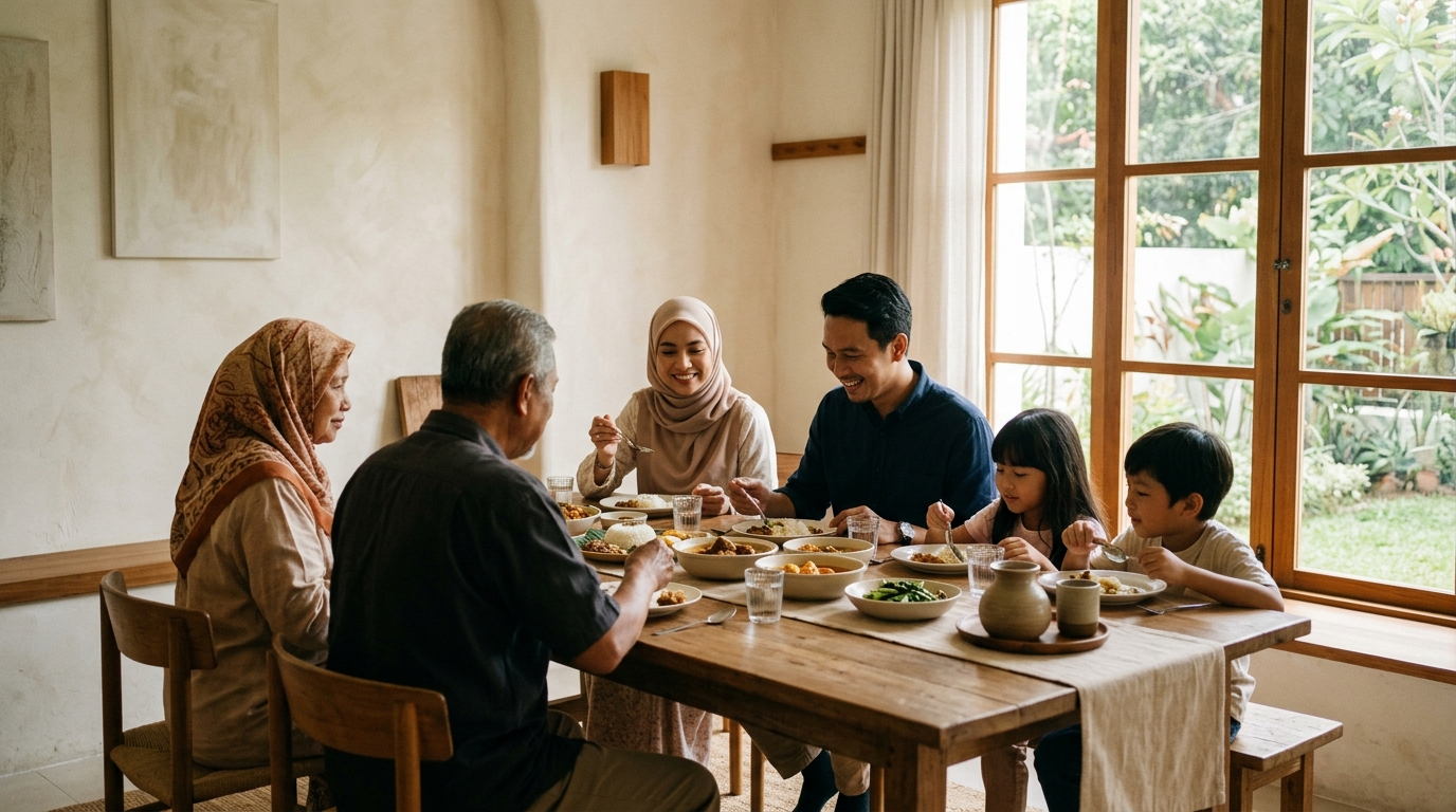 sebuah keluarga Malaysia duduk bersama di meja makan pada waktu petang dengan cahaya lembut masuk dari tingkap, suasana hangat dan sederhana