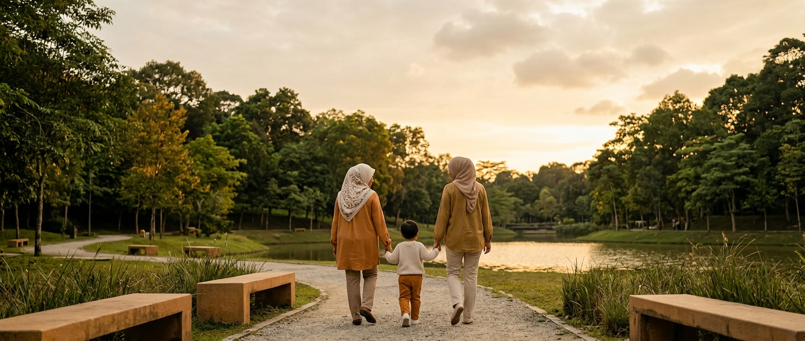 keluarga tiga generasi berjalan di taman bandar pada waktu senja, suasana damai dengan pokok hijau dan langit lembut, menggambarkan harapan dan kestabilan