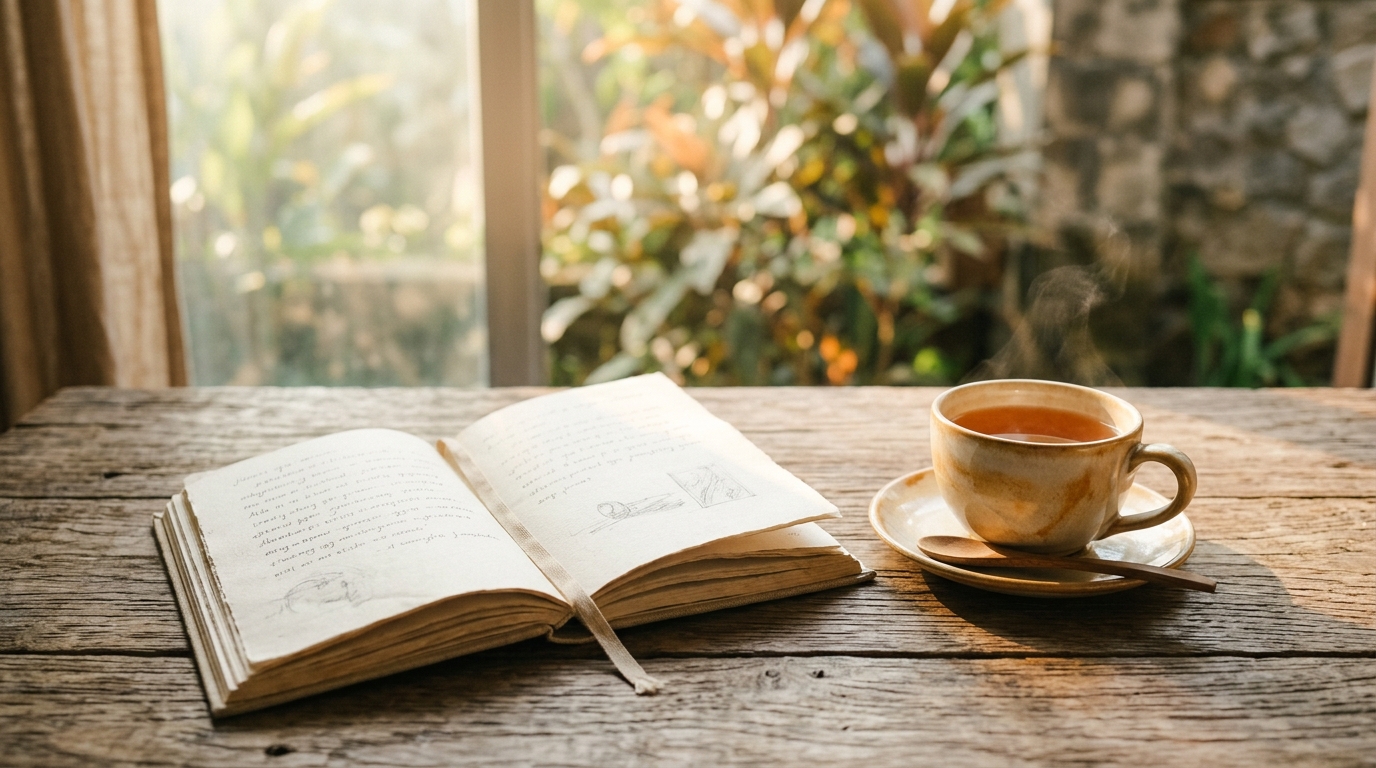 halaman buku terbuka di atas meja kayu dengan secawan teh dan cahaya matahari pagi yang lembut