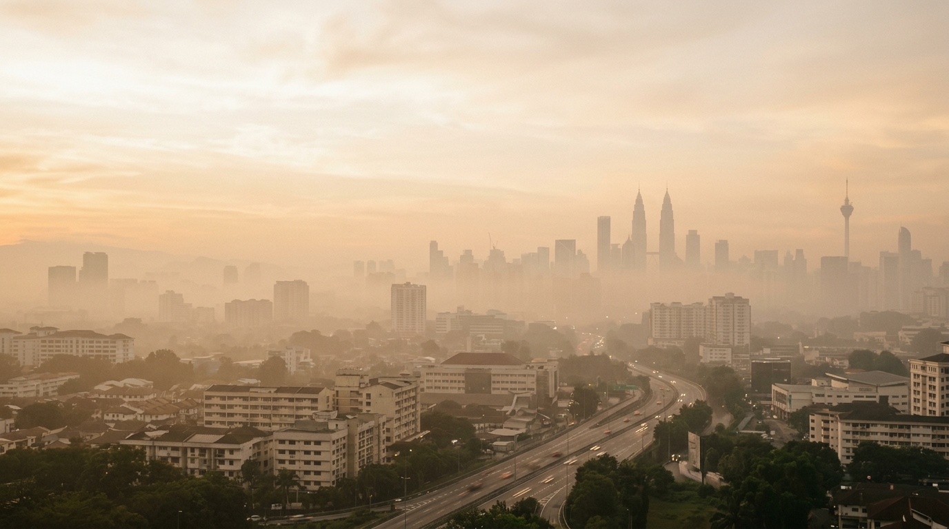 pemandangan bandar Malaysia berkabus jerebu dengan cahaya pagi yang malap dan suasana editorial yang tenang