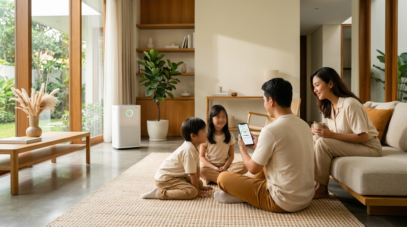 keluarga di ruang tamu moden memantau kualiti udara melalui peranti mudah alih dengan cahaya semula jadi lembut