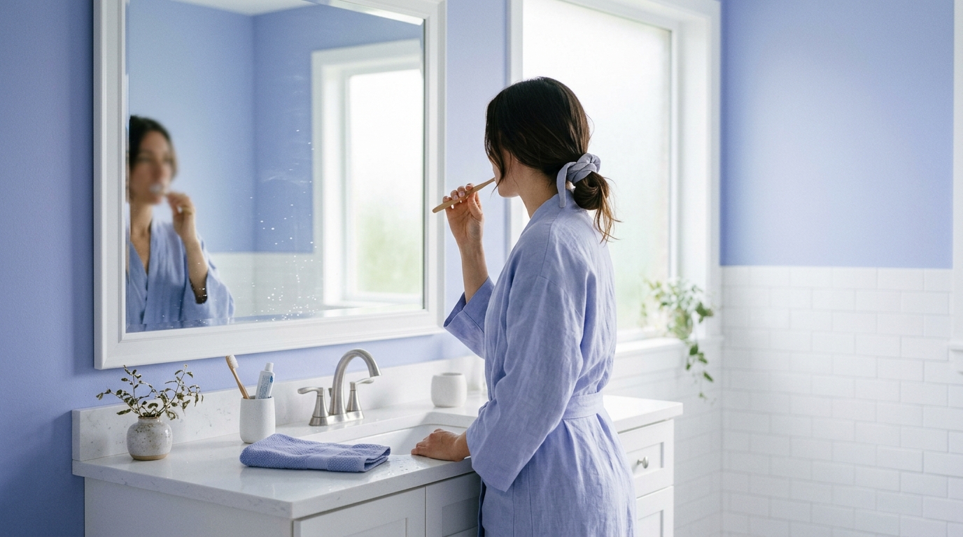 vivid specific description of a beautiful editorial photograph of a person gently brushing teeth in a bright bathroom with soft natural light and a calm, reassuring mood