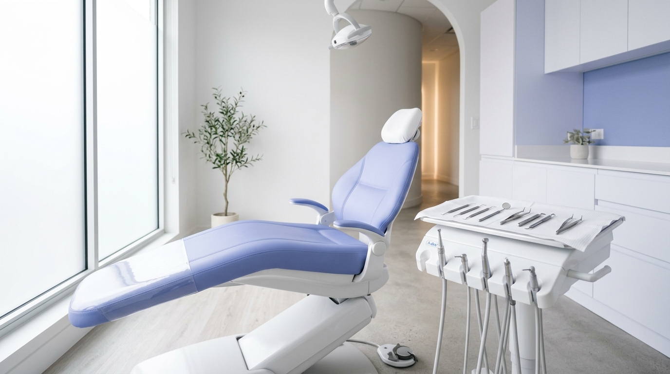 vivid specific description of a beautiful editorial photograph of a dentist’s chair and neatly arranged dental instruments in a clean, modern clinic with a welcoming atmosphere