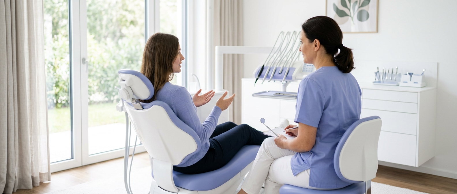 vivid specific description of a beautiful editorial photograph of a caring dental consultation scene with a patient speaking to a dentist in a bright, calm clinic setting