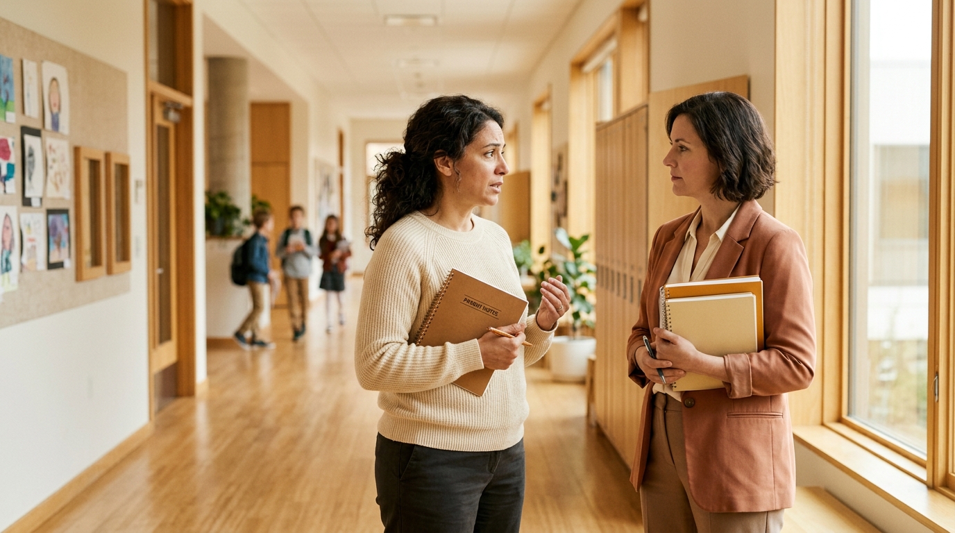 editorial photograph of a concerned parent and teacher speaking calmly in a bright school hallway with notebooks and a warm natural light