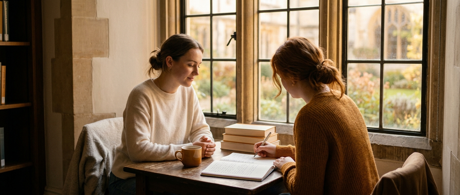 editorial photograph of a student writing in a notebook while a friend listens attentively beside a window, conveying trust and quiet support