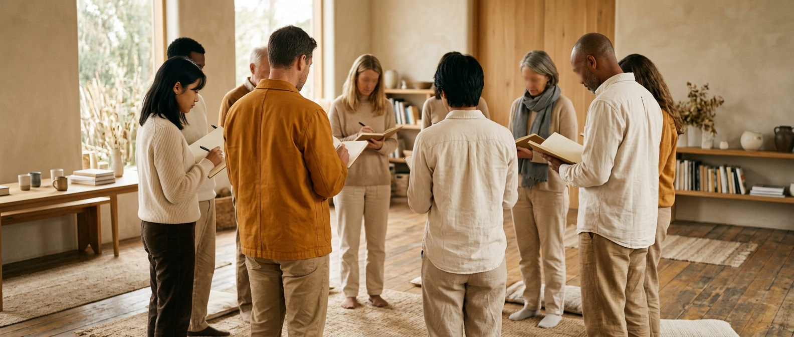 editorial photograph of a small circle of adults and students standing together in a calm community space, with open notebooks and a sense of quiet solidarity