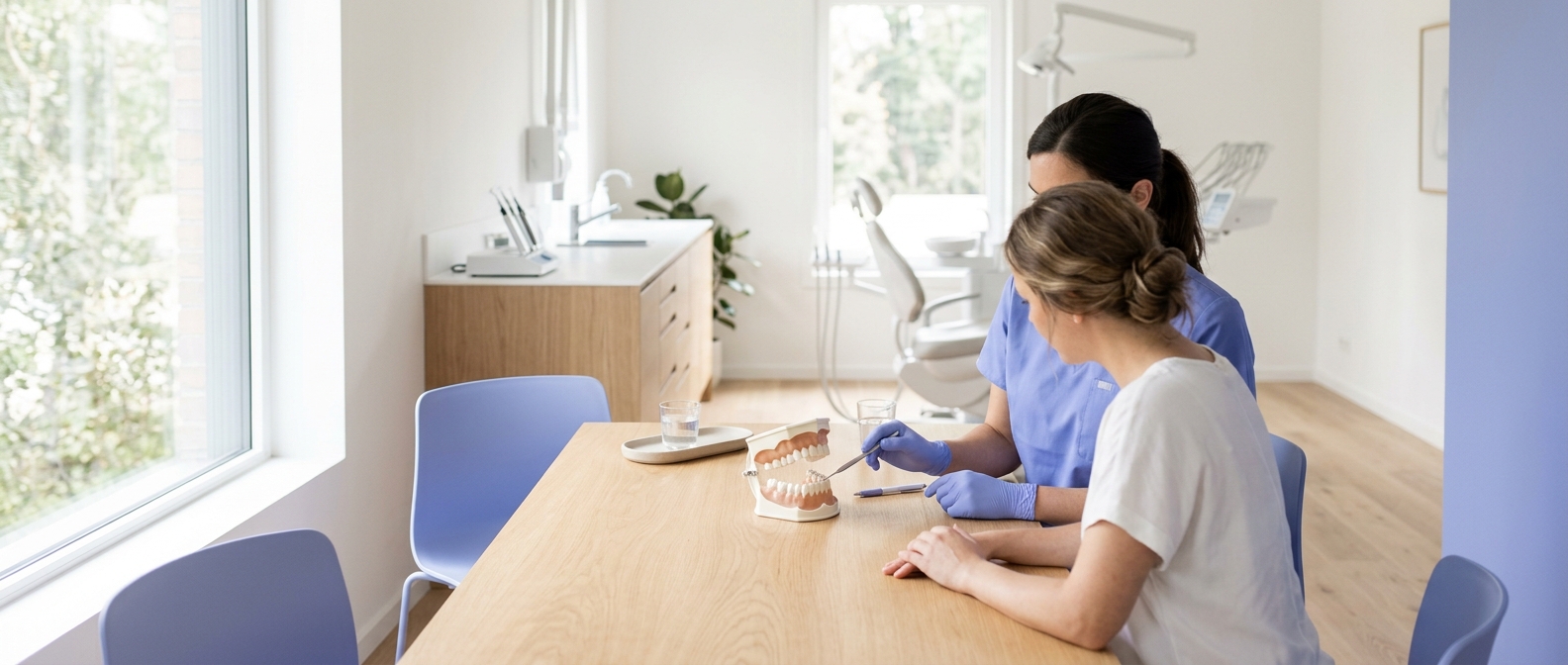 vivid specific description of a beautiful editorial photograph that fits the surrounding section: a bright, close-up dental office scene with a patient reviewing a tooth model with a dentist at a clean wooden table, soft natural light, modern calm atmosphere