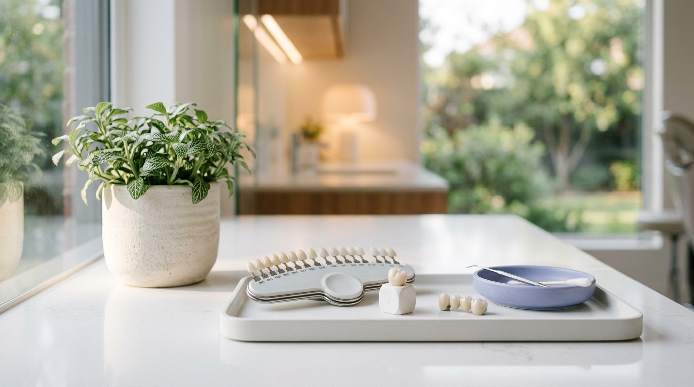 vivid specific description of a beautiful editorial photograph that fits the surrounding section: an elegant dental tray with a tooth shade guide, crown model, and small bridge model arranged neatly beside a potted plant and warm clinic lighting