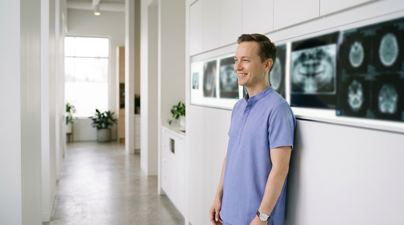 vivid specific description of a beautiful editorial photograph that fits the surrounding section: a serene smile portrait of an adult in a modern clinic hallway, softly lit, with dental imaging screens blurred in the background, clean and reassuring composition