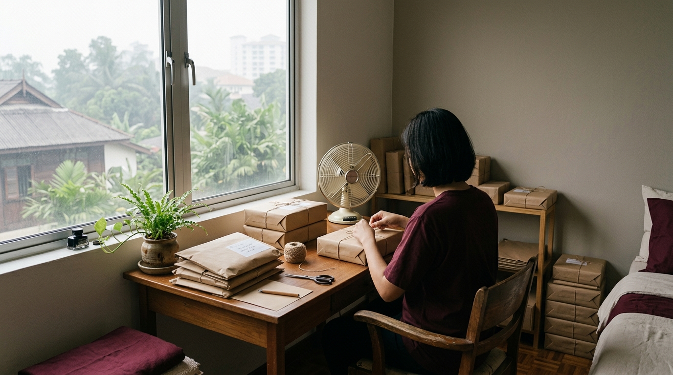 editorial photograph of a small Malaysian home-based business workspace with packed parcels, a desk fan, and soft gray haze visible through the window