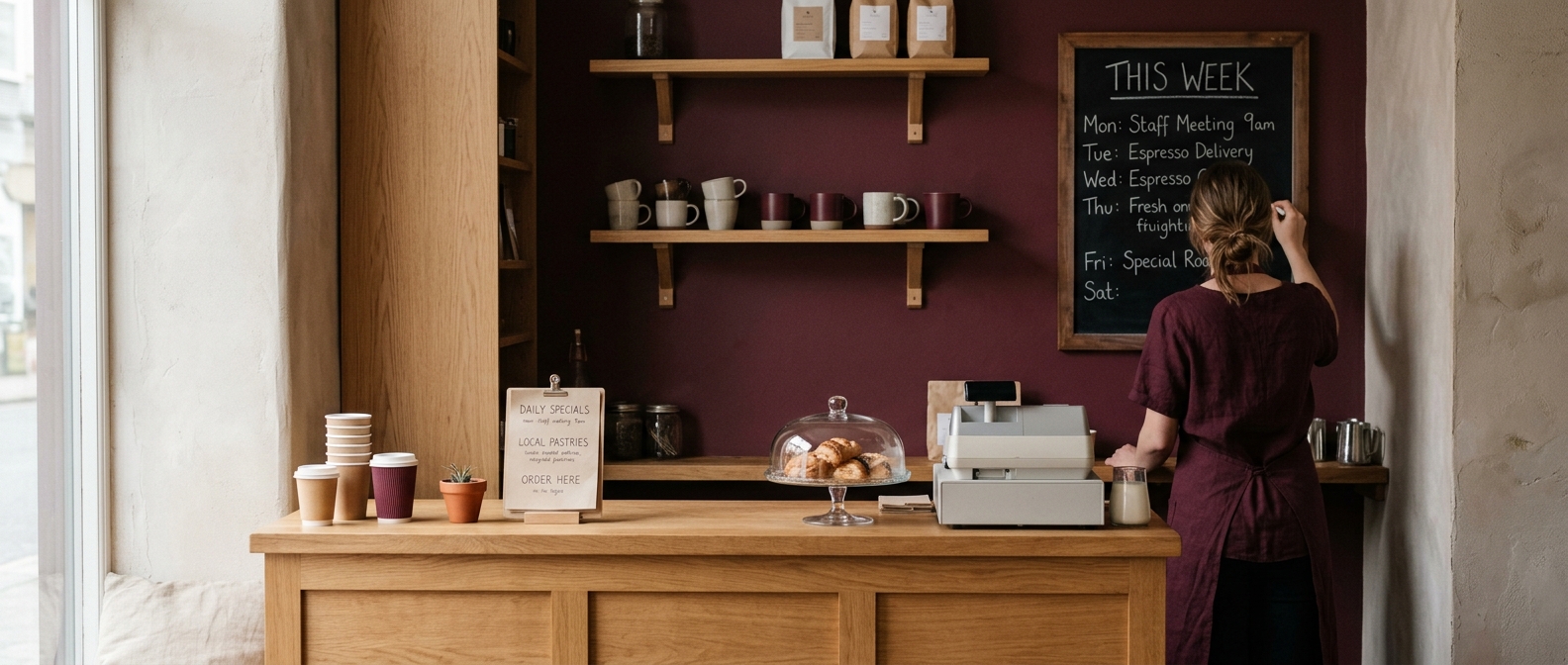 editorial photograph of a small café counter with handwritten notices, takeaway cups, and a staff member updating a schedule board in soft indoor light