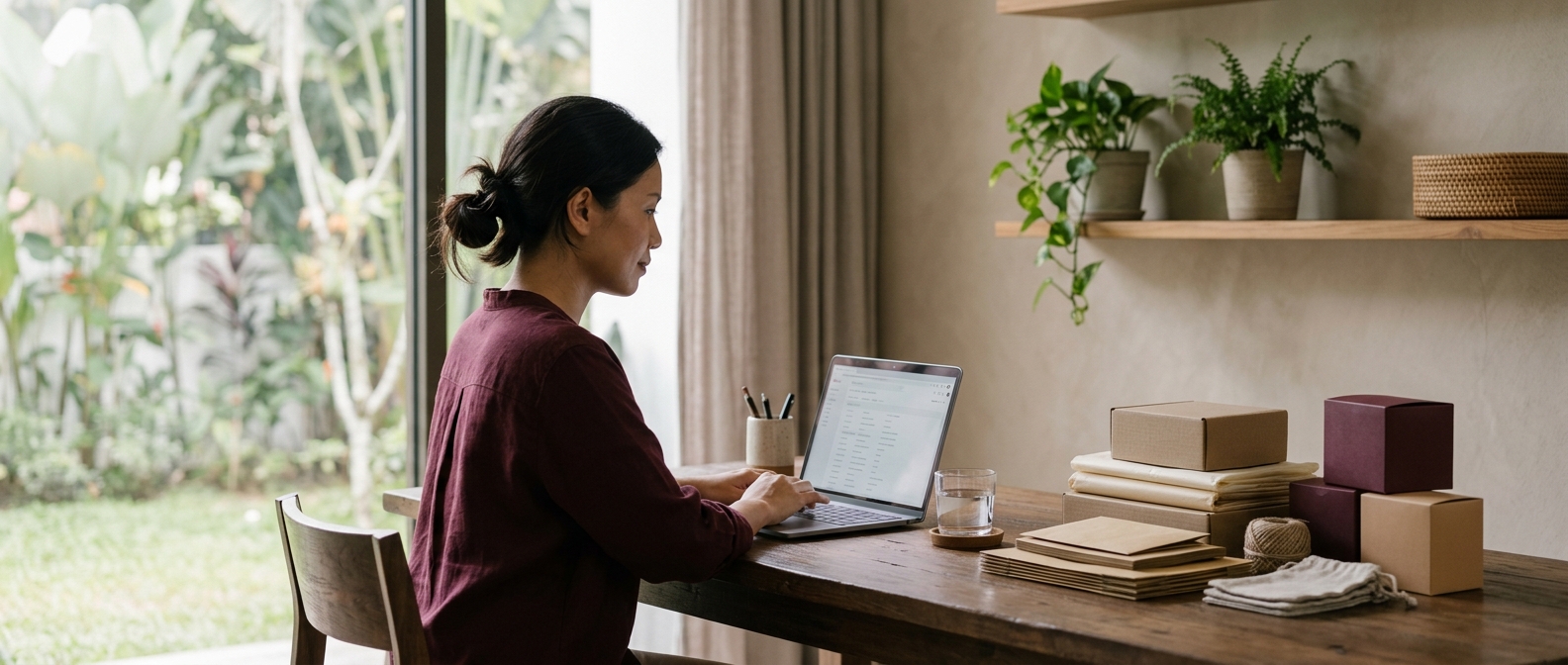 editorial photograph of a calm Malaysian entrepreneur reviewing orders on a laptop beside neatly arranged packaging materials and a glass of water in a softly lit room