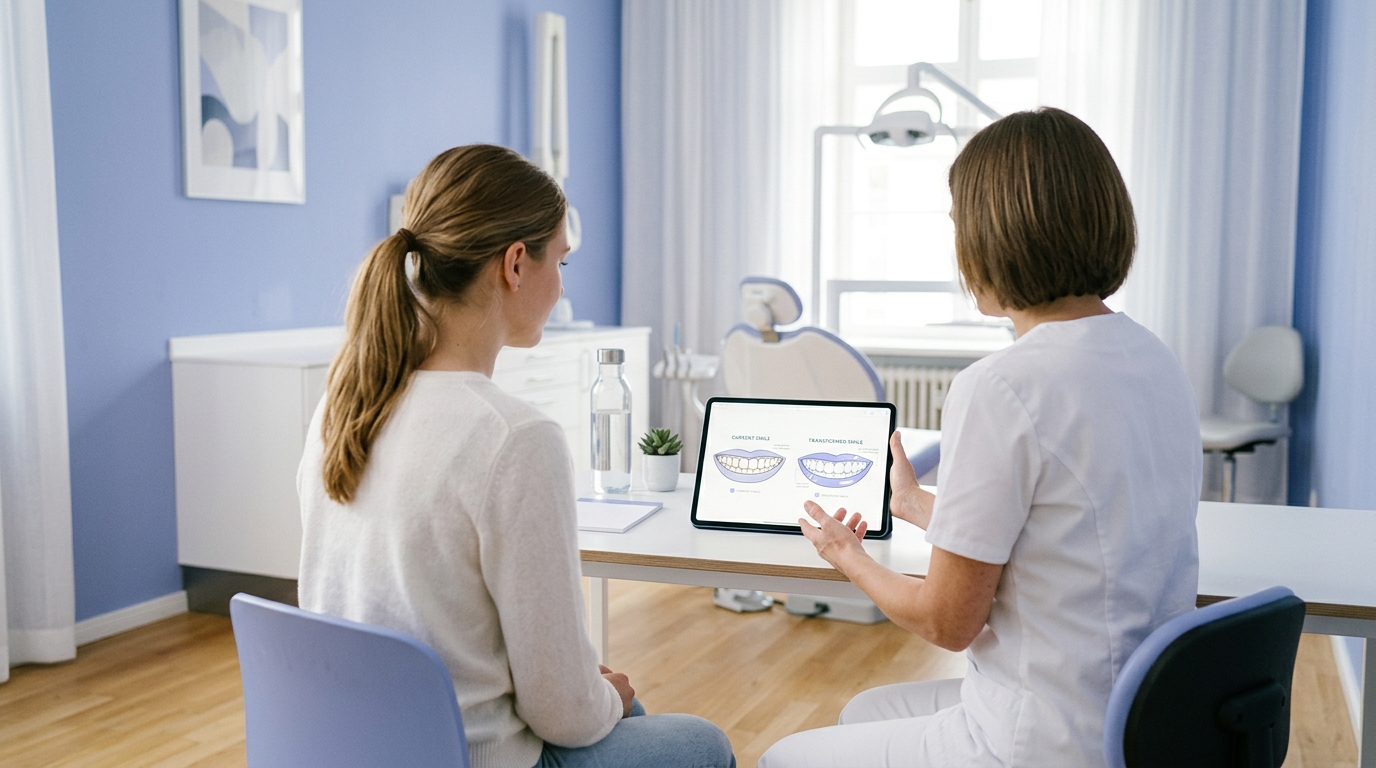 dentist-style editorial scene of a calm dental consultation room with a patient reviewing a smile diagram on a tablet, clean modern lighting and soft neutral tones