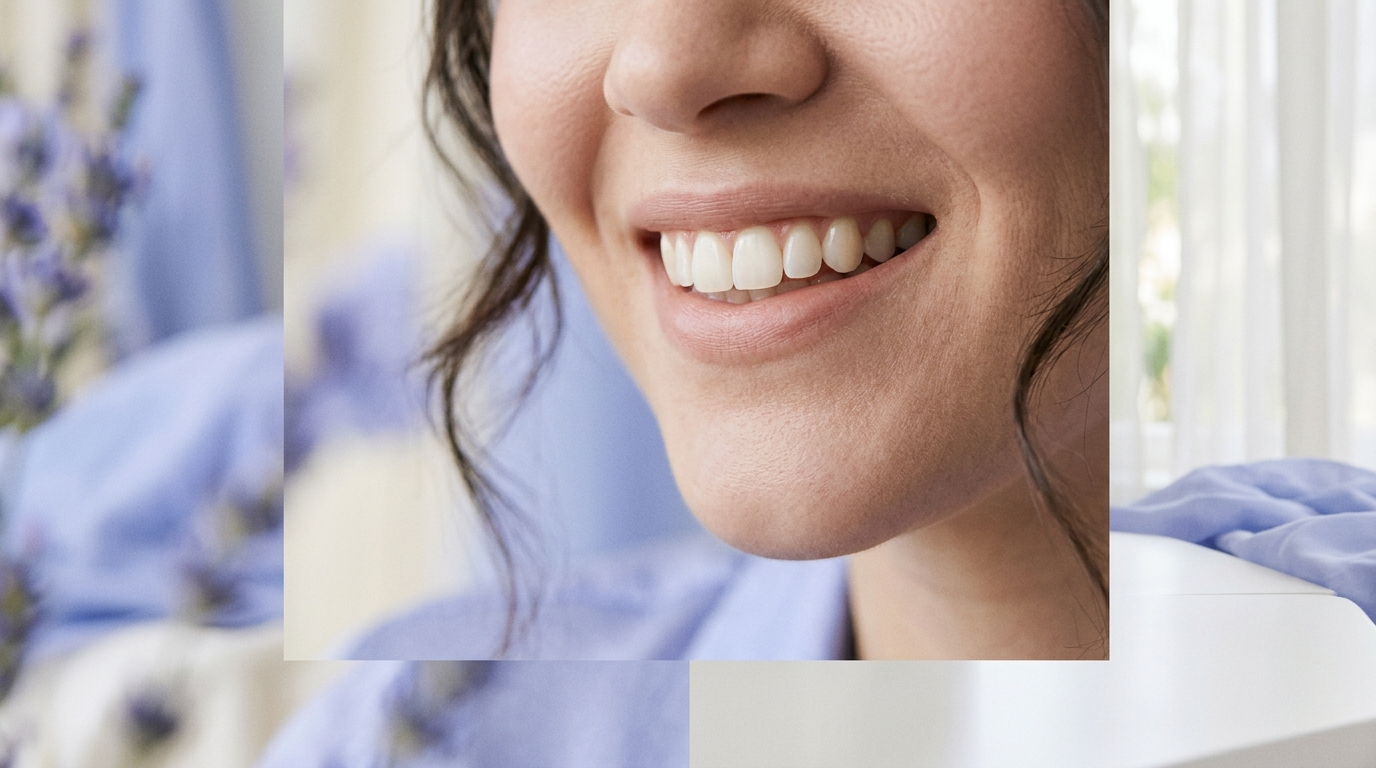 editorial close-up of a bright welcoming smile in a natural setting, with the focus on healthy front teeth and a gentle sense of confidence
