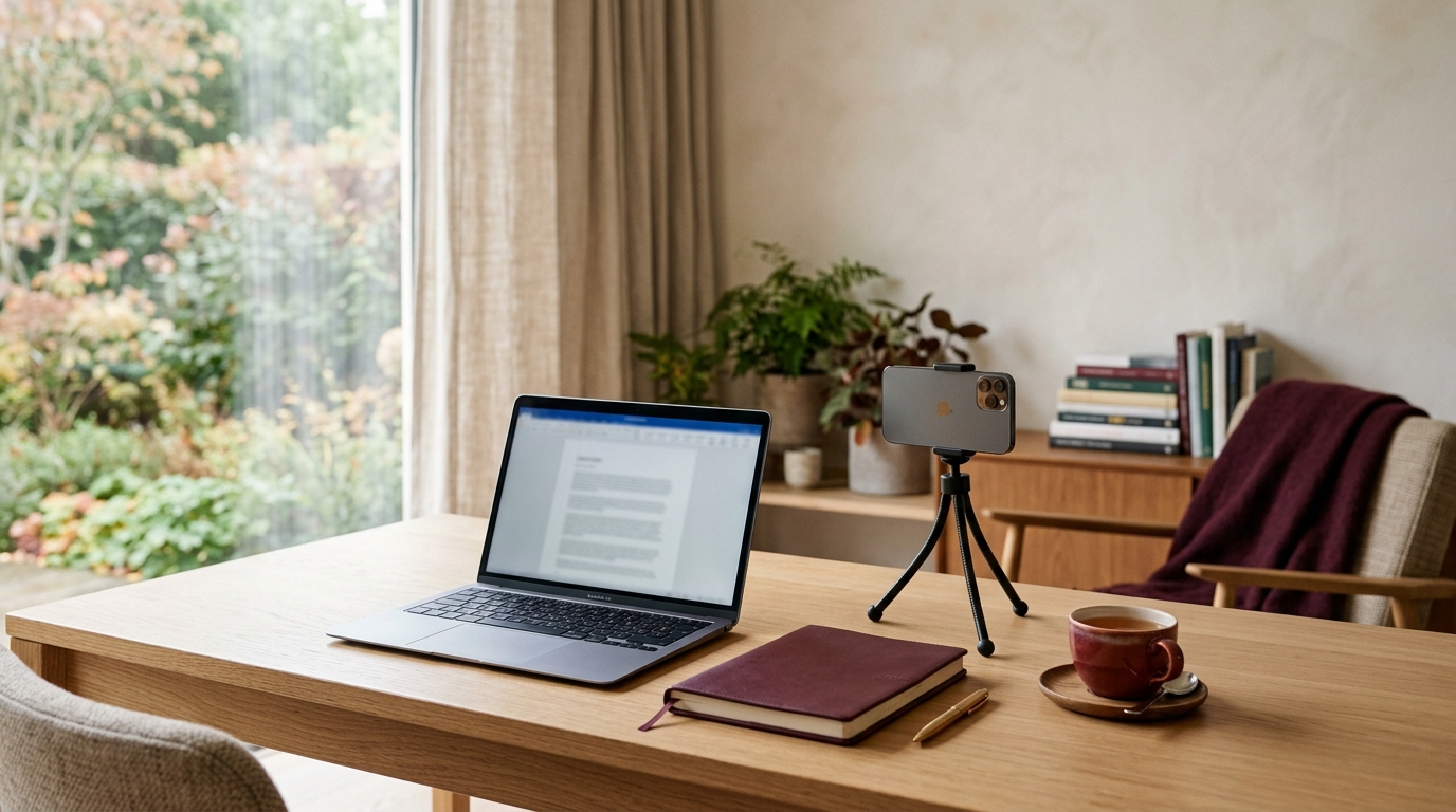 editorial photograph of a warm home workspace with a laptop, notebook, and a softly lit phone tripod beside a modest cup of tea