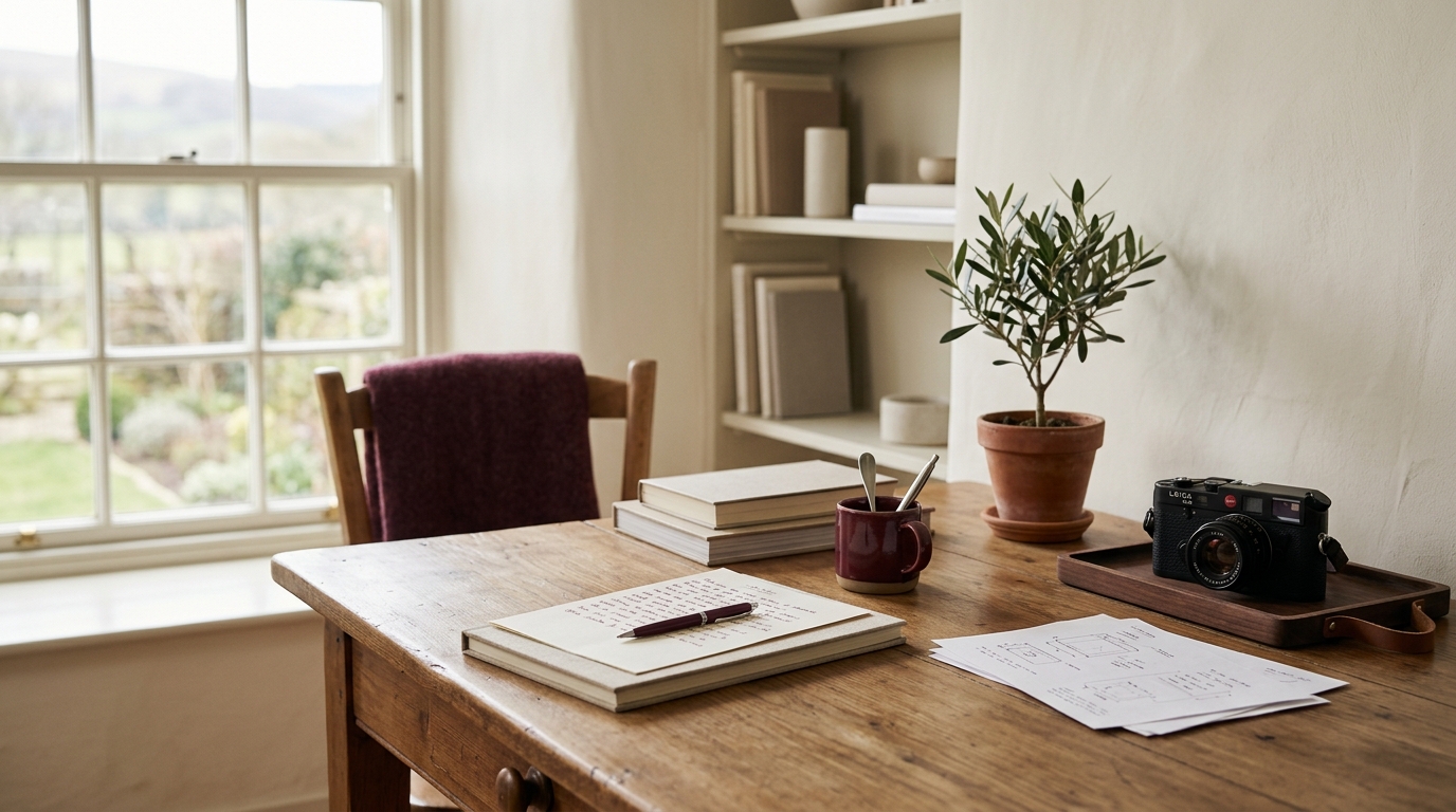 editorial photograph of a quiet small business desk with printed notes, a camera placed aside, and soft daylight across a neatly arranged workspace
