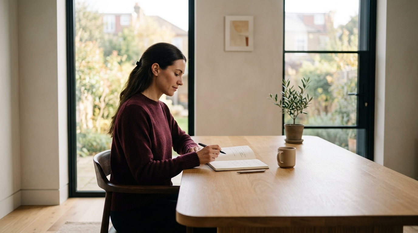 editorial photograph of a calm entrepreneur reviewing a simple content plan beside a window with soft morning light and an understated sense of focus