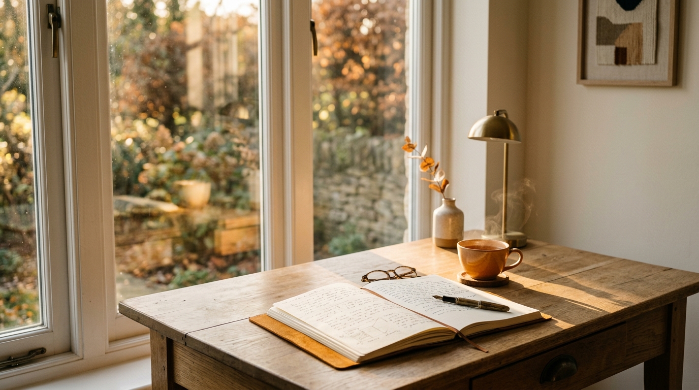 a softly lit desk by a window with an open notebook, a warm cup of tea, and late afternoon light falling across handwritten pages
