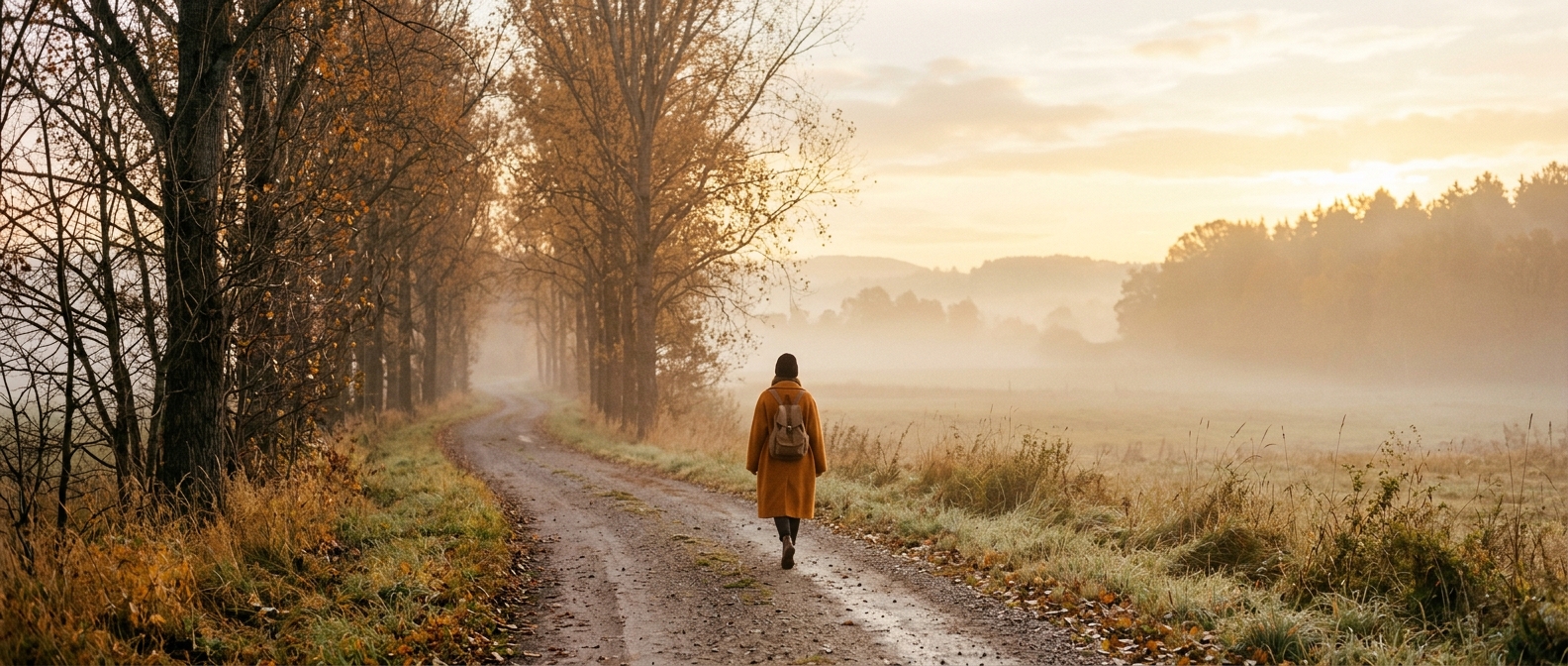 a lone figure walking along a tree-lined path at dawn, with soft mist and golden light suggesting a quiet new beginning