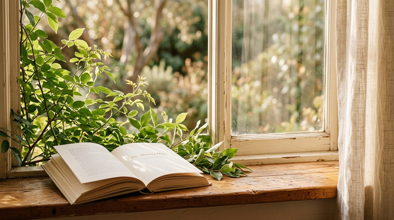 an open book resting on a windowsill beside fresh leaves and morning light, creating a calm, contemplative reading scene
