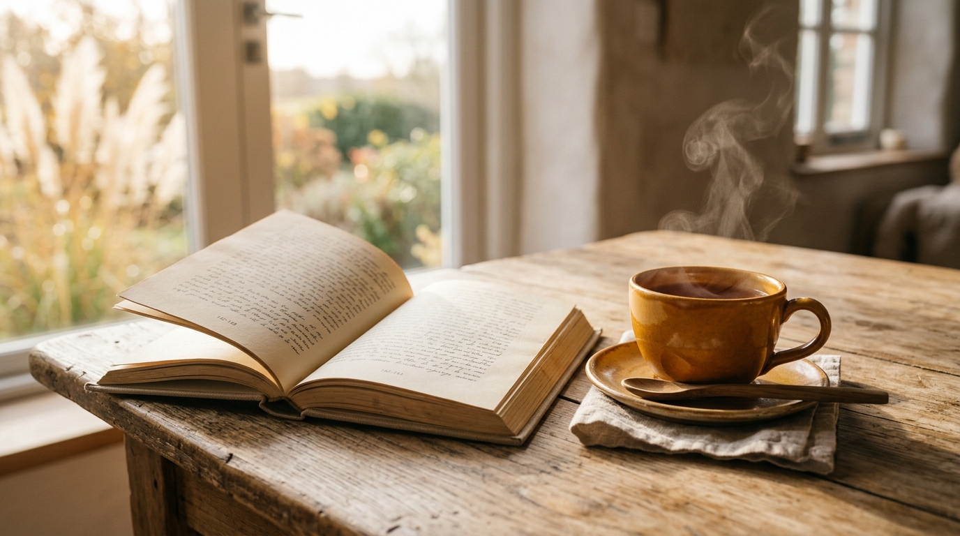 a warm editorial photograph of an open book beside a steaming cup of tea on a sunlit wooden table, with soft morning light and gentle shadows