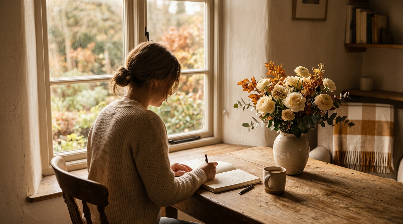 an intimate editorial photograph of a person writing in a notebook near a window with soft afternoon light, fresh flowers, and a calm, reflective mood