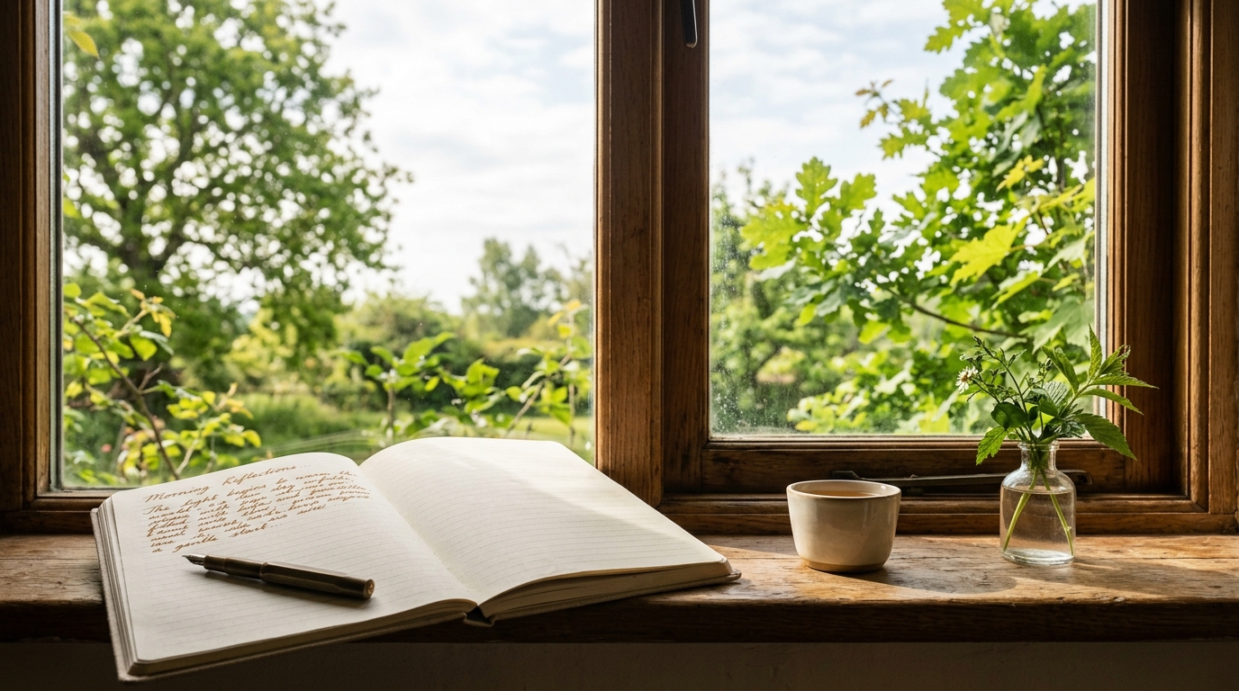 a serene editorial photograph of a handwritten page beside a window, with a soft sky, green leaves, and a hopeful morning atmosphere