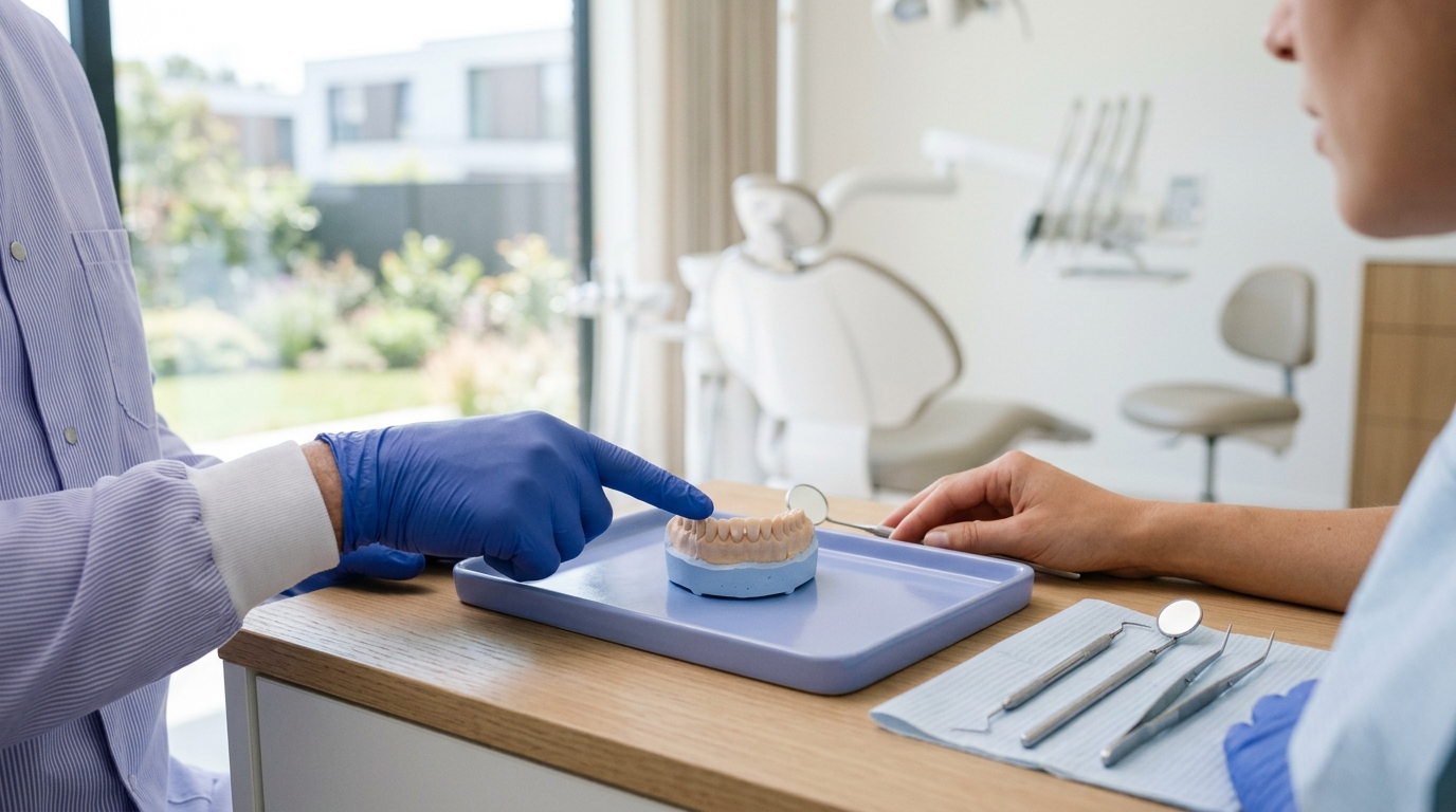 editorial close-up photograph of a dentist’s gloved hands pointing to a smile design model beside natural daylight and clean dental instruments