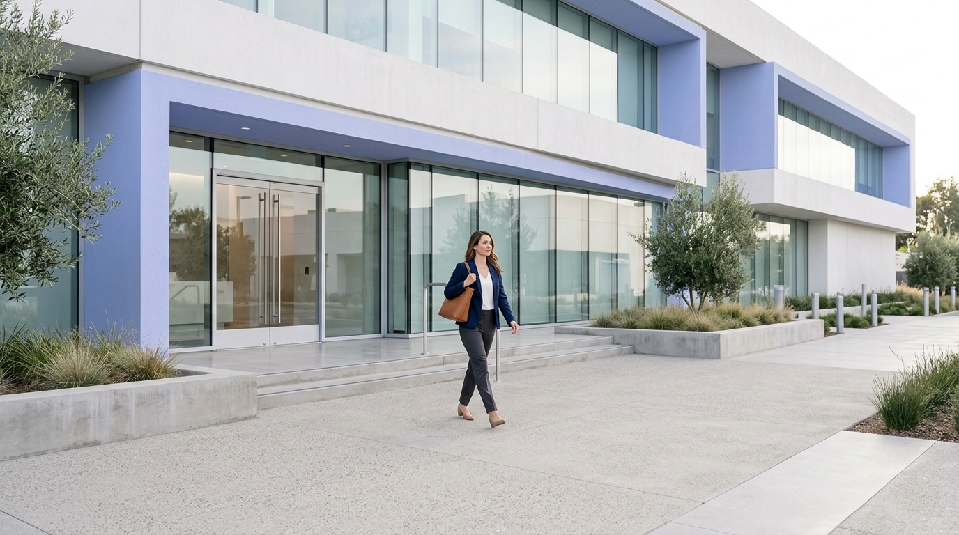 editorial photograph of an adult leaving a modern clinic with a calm confident expression and soft natural light reflecting a clean professional environment