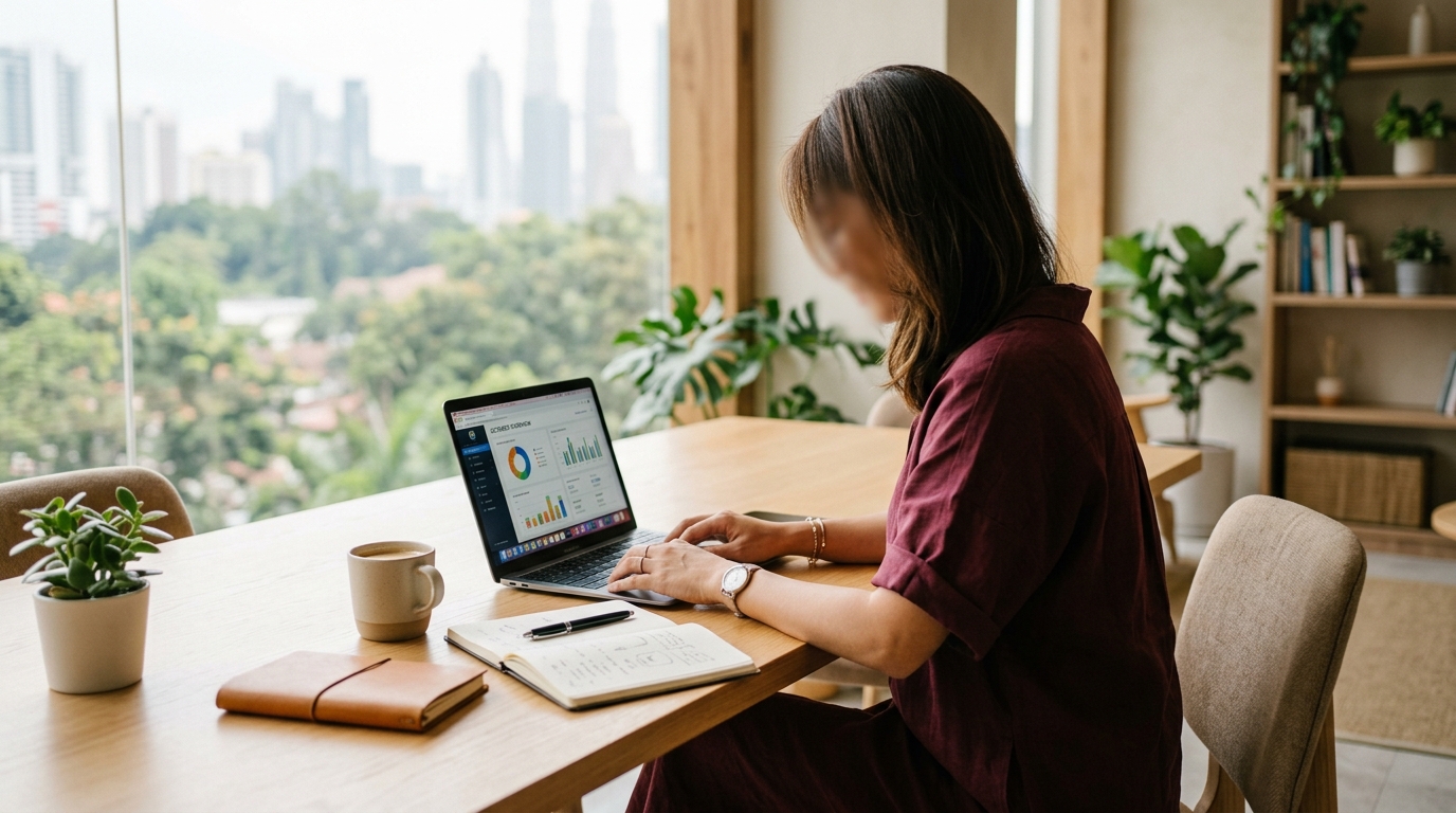 vivid specific description of a beautiful editorial photograph showing a Malaysian small business owner reviewing a business dashboard at a bright worktable with notebooks and a laptop