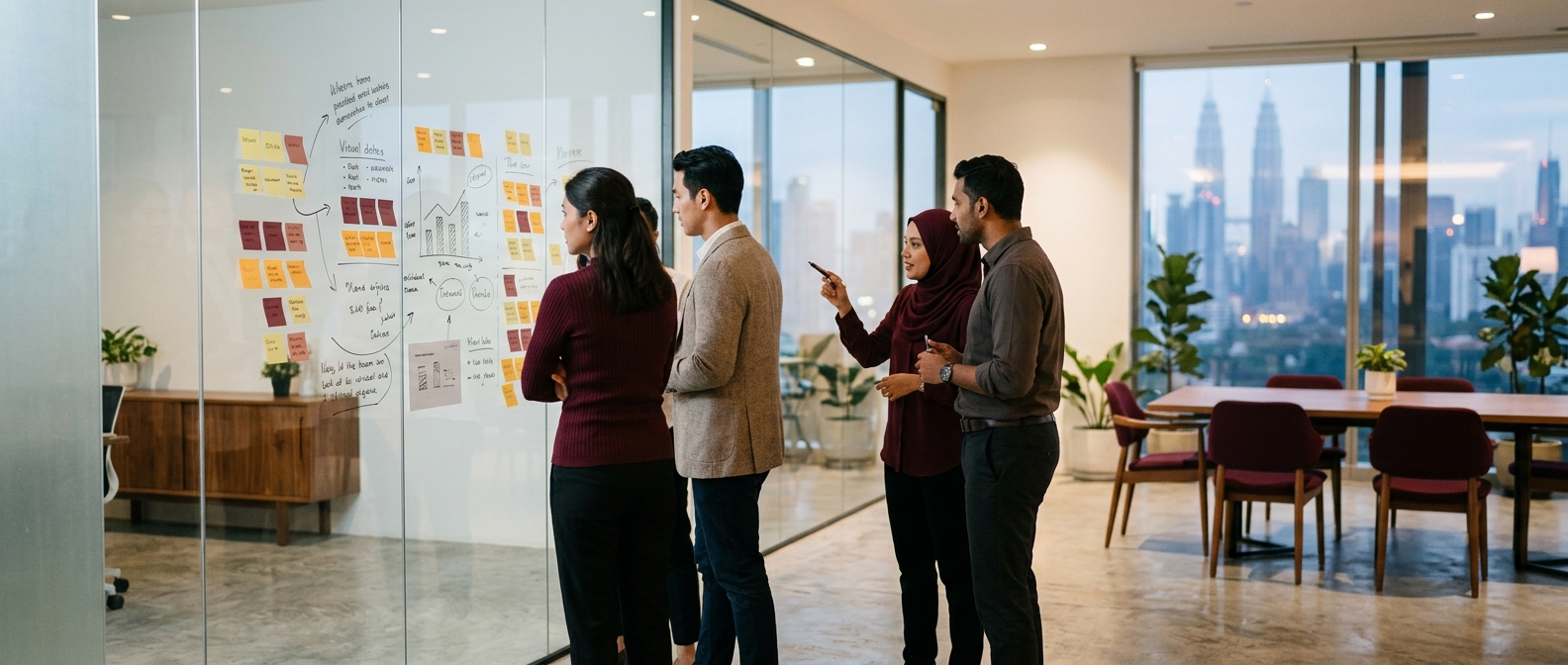 vivid specific description of a beautiful editorial photograph showing a diverse SME team in a modern Malaysian office discussing charts and sticky notes on a glass wall