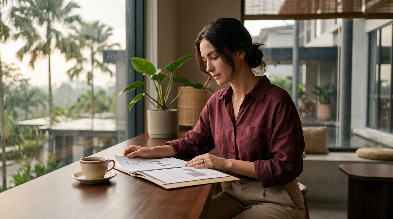 vivid specific description of a beautiful editorial photograph showing a calm entrepreneur in Malaysia reading a printed business report beside a cup of coffee in soft natural morning light