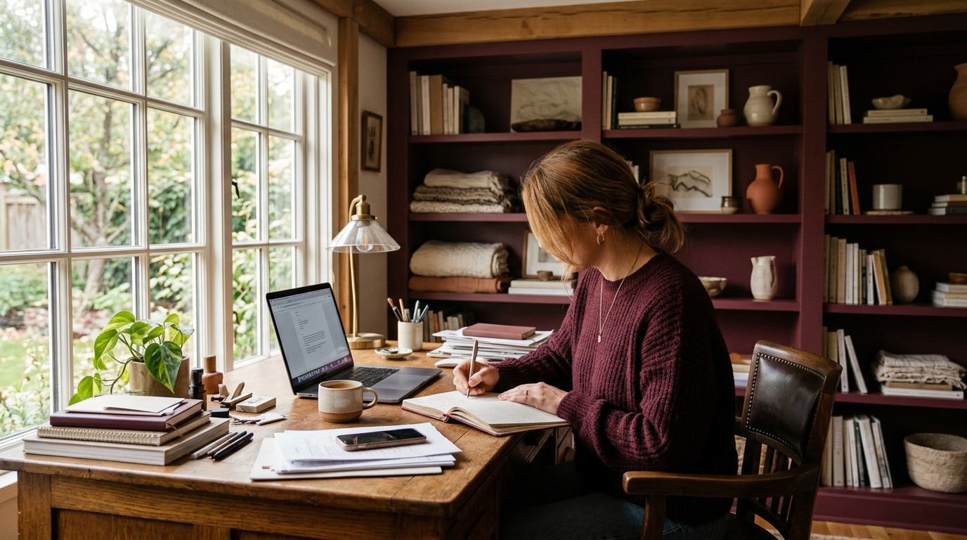 warm editorial photograph of a small business owner seated at a cluttered desk with a laptop, notebook, and soft morning light