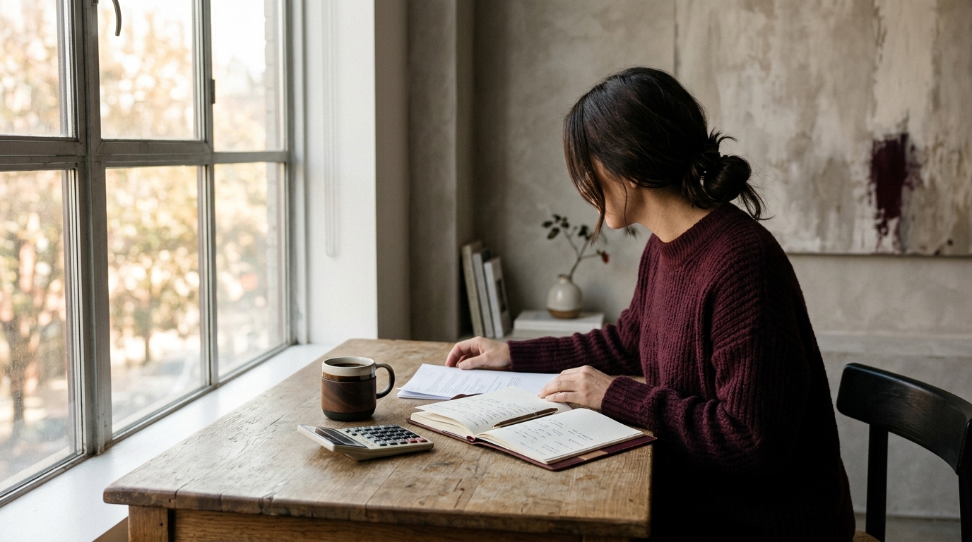 thoughtful editorial scene of a founder reviewing handwritten notes beside a calculator, coffee cup, and sunlit window