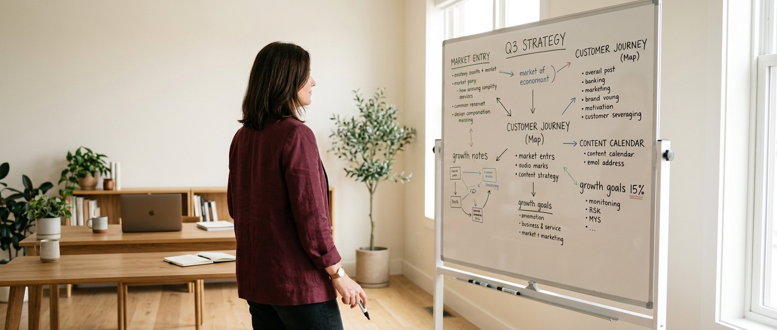 clean editorial photograph of a small business owner standing near a whiteboard with simple strategy notes, natural daylight, calm tone